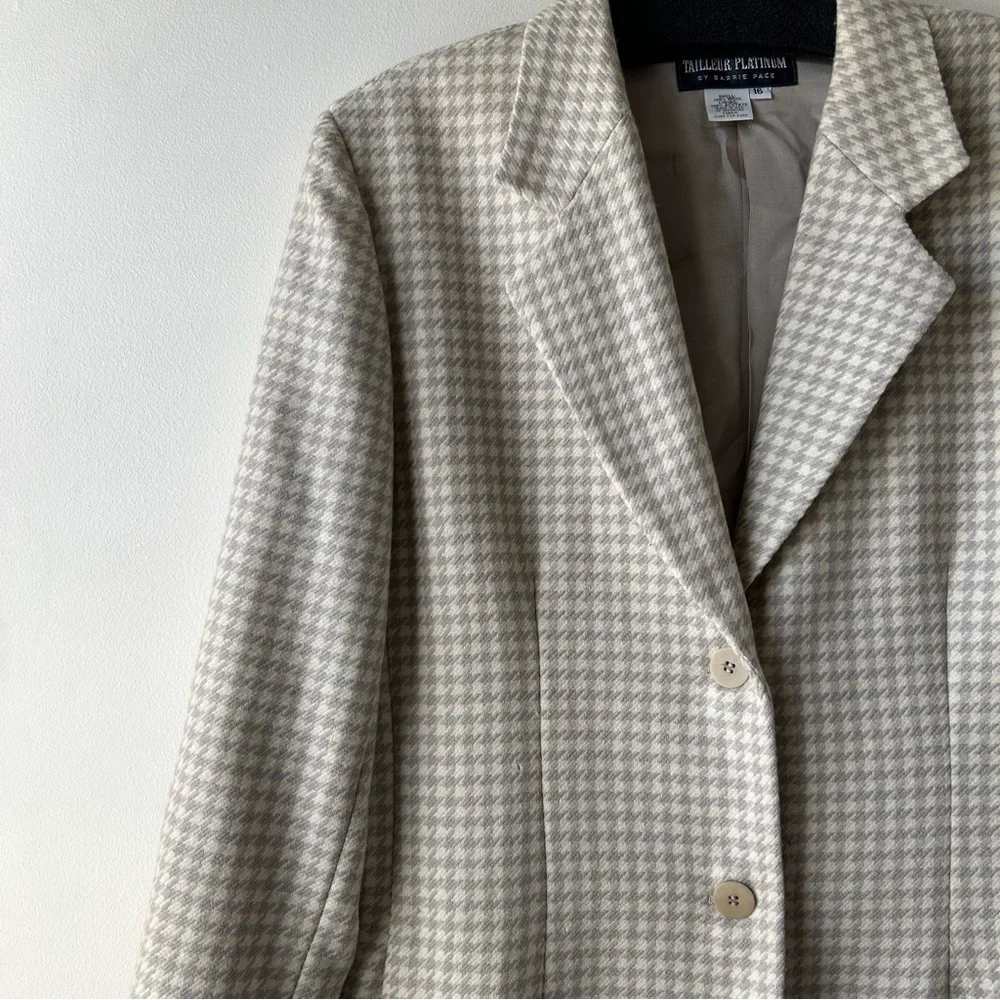 Tailleur Platinum by Barrie Pace Vintage 100% Wool Blazer Houndstooth Cream 16